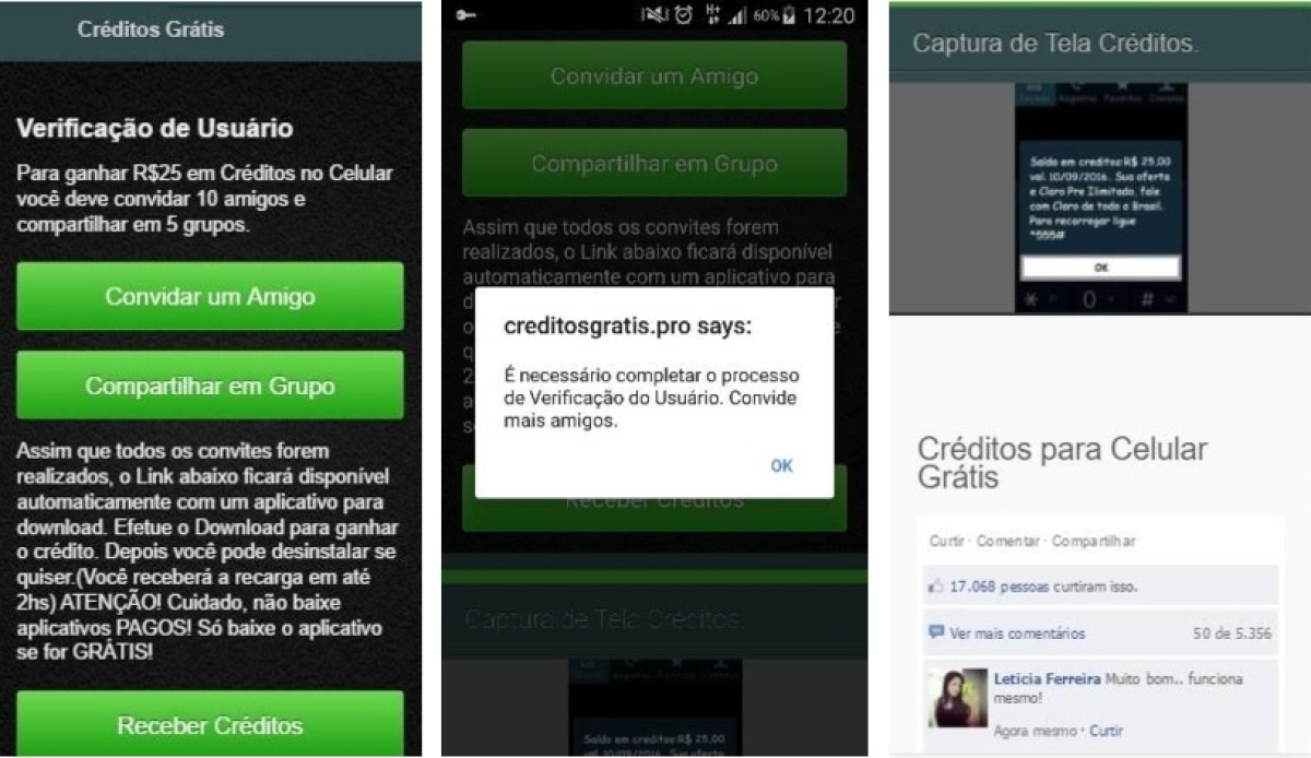 Golpe via WhatsApp promete crédito para celulares pré-pagos alerta PSafe (Imagem: Reprodução/WhatsApp)