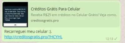 Golpe via WhatsApp promete crédito para celulares pré-pagos alerta PSafe (Imagem: Reprodução/WhatsApp)