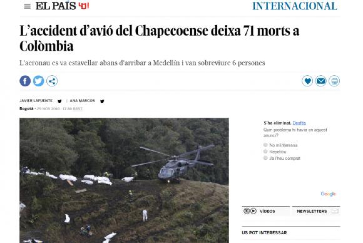 O jornal espanhol El País mostra acidente com time da Chapecoense (Imagem: Reprodução/El País/Agência Brasil)