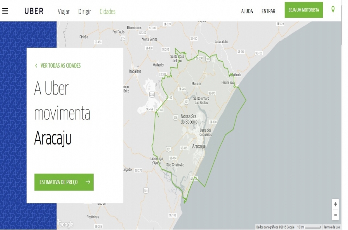 Uber começa a funcionar nesta terça (13) em Aracaju; confira área de atuação (Imagem: Reprodução/Uber)