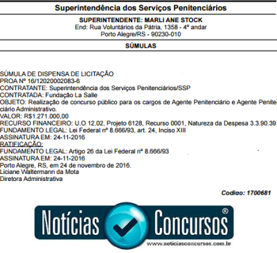 Concurso da Superintendência de Serviços Penitenciários do Estado do Rio Grande do Sul 2017 (Imagem: Notícias Concursos)