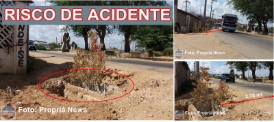 Denúncia: Risco de acidente na saída de Propriá, Codevasf deixa caixa aberta e veículos caem dentro dela (Imagem: Propriá News) 