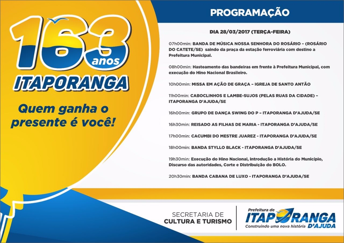 Prefeitura realiza programação alusiva aos 163 anos de emancipação política de Itaporanga D´Ajuda (Imagem: Divulgação)