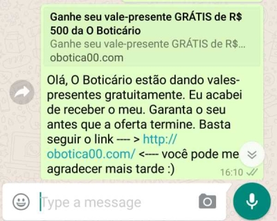 Mais de 50 mil brasileiros foram prejudicados em golpe via WhatsApp que promete vale-presente de R$500 reais (Imagem: Reprodução/WhatsApp)