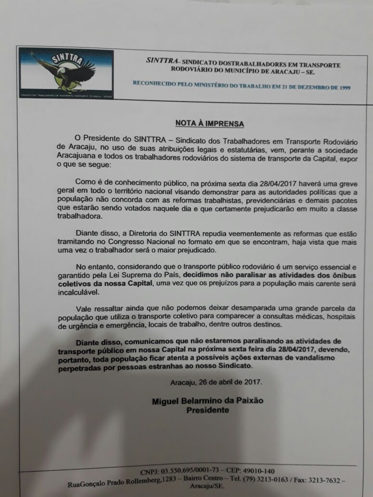 Nota do Sinttra