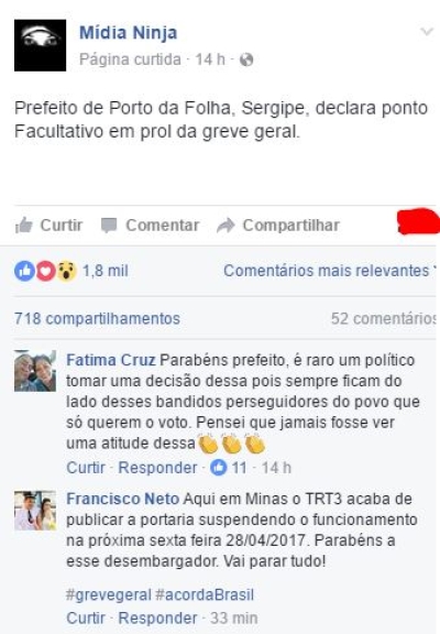 Prefeito de Porto da Folha é destaque nacional ao aderir à Greve Geral (Imagem: Reprodução/Facebook)