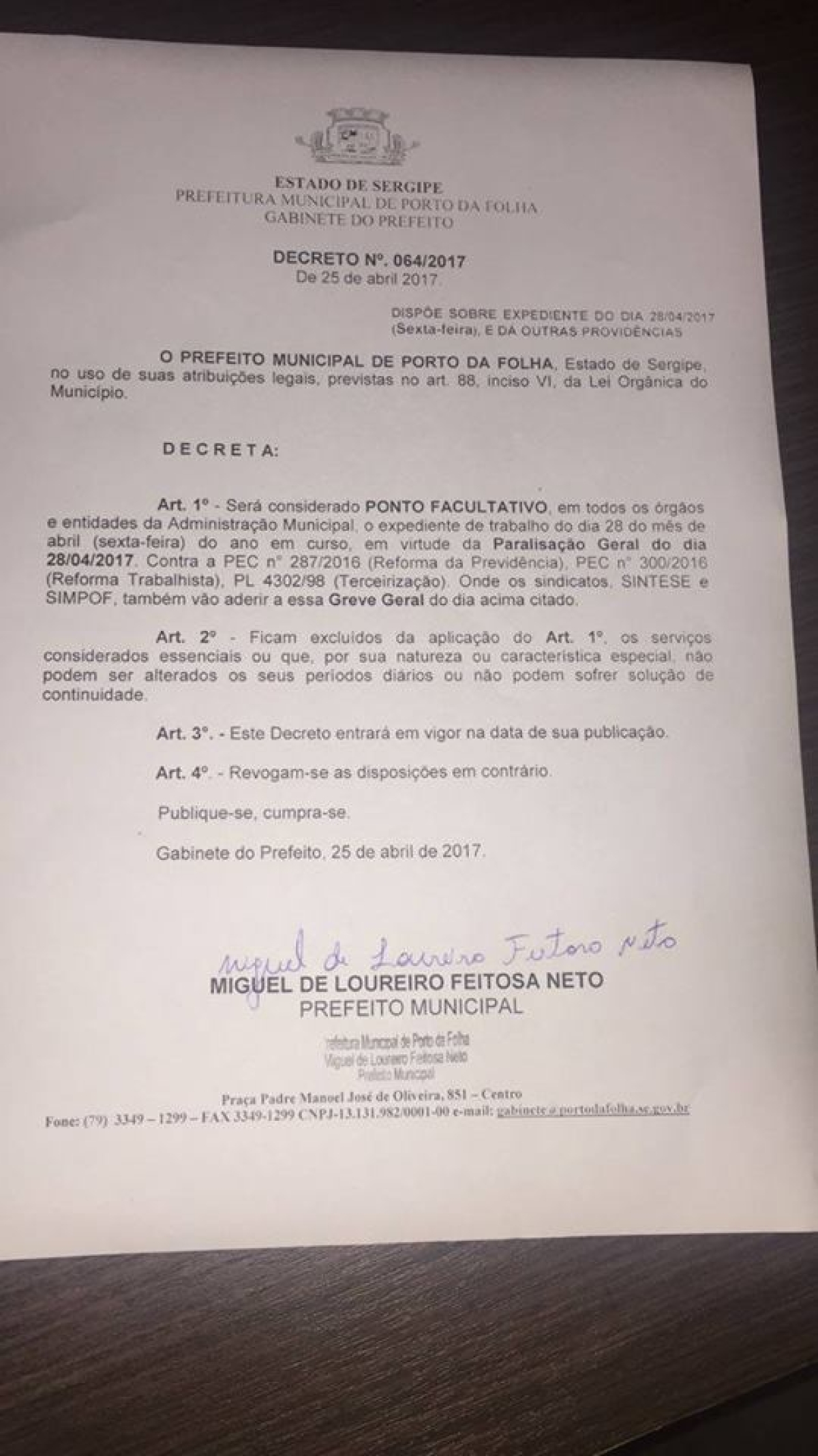 Decreto do Prefeito de Porto da Folha