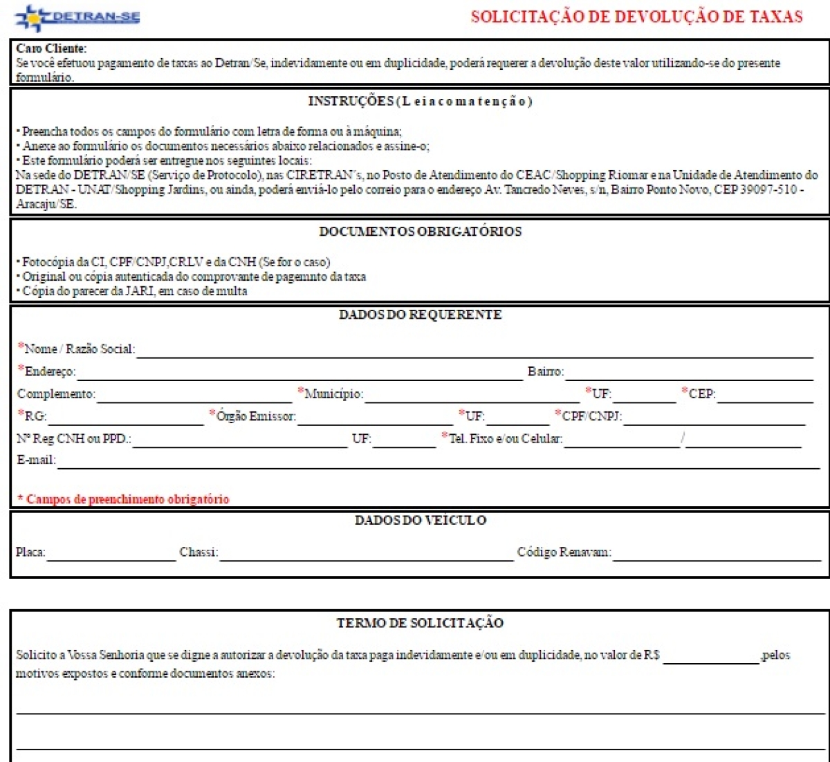 Formulário para solicitação de devolução de taxas indevidas do Detran/Sergipe (Imagem: Reprodução)