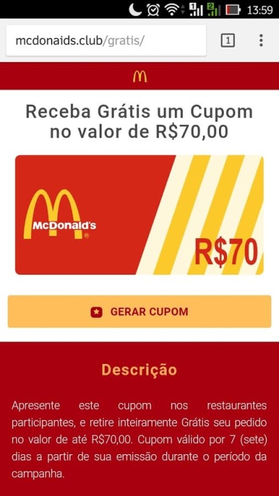 Cupom falso do McDonald´s já atingiu mais de 100 mil brasileiros em menos de 24h (Imagem: Reprodução)