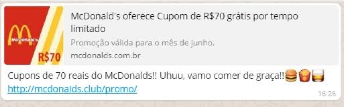 Cupom falso do McDonald´s já atingiu mais de 100 mil brasileiros em menos de 24h (Imagem: Reprodução)