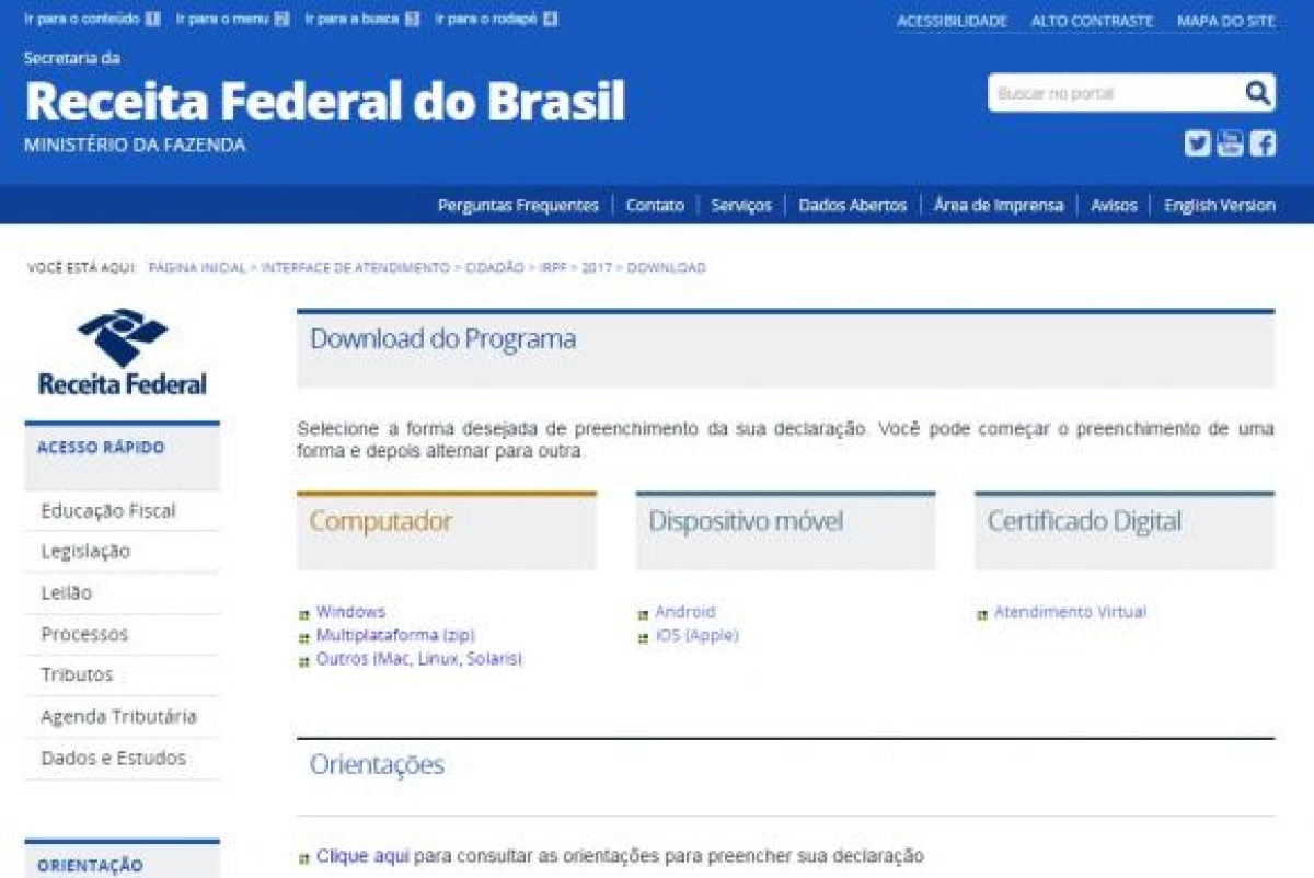 O pedido de parcelamento deverá ser apresentado a partir do dia 3 de julho até 2 de outubro de 2017, das 8h  às 20h, horário de Brasília, exclusivamente por meio do site da Receita Federal (Imagem: Reprodução/Site da Receita Federal)