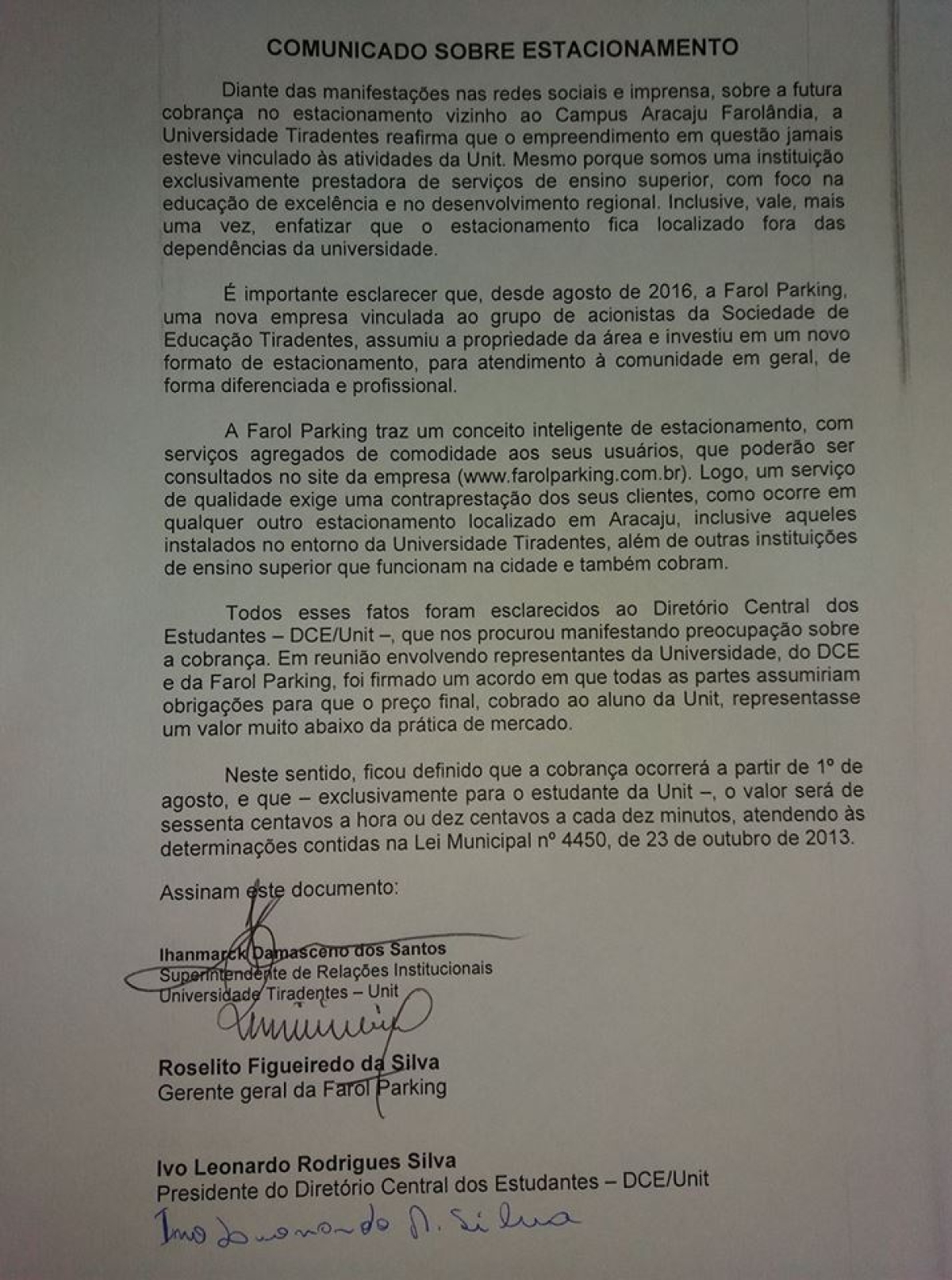 Cobrança do estacionamento da Unit (Imagem: Assessoria DCE Unit)