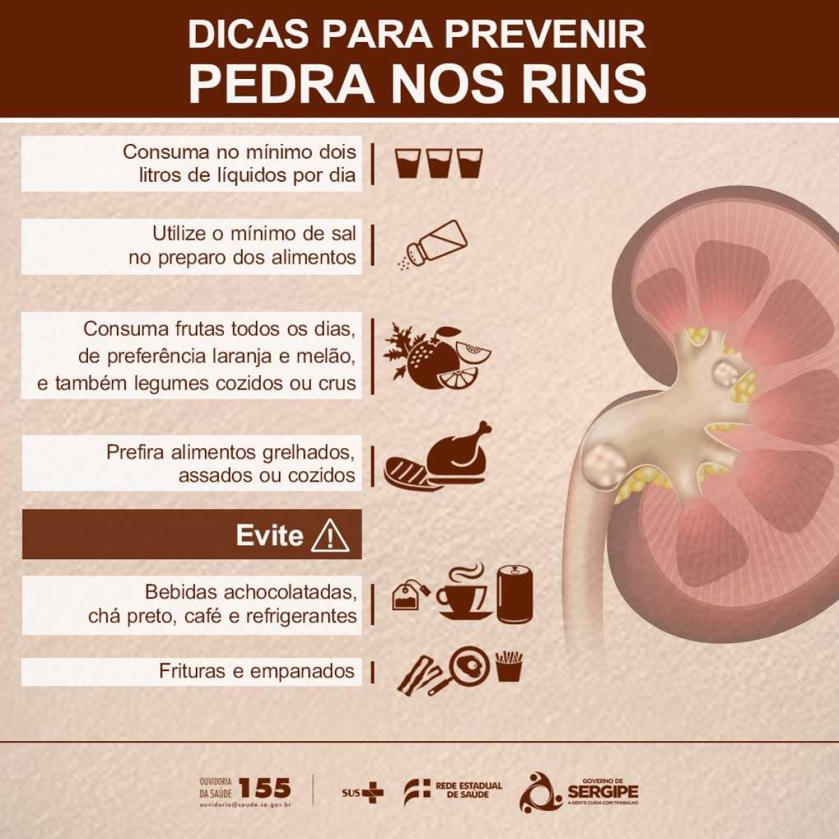 Água, frutas e consumo moderado de sal ajudam a prevenir pedra nos rins (Imagem: SES/SE)