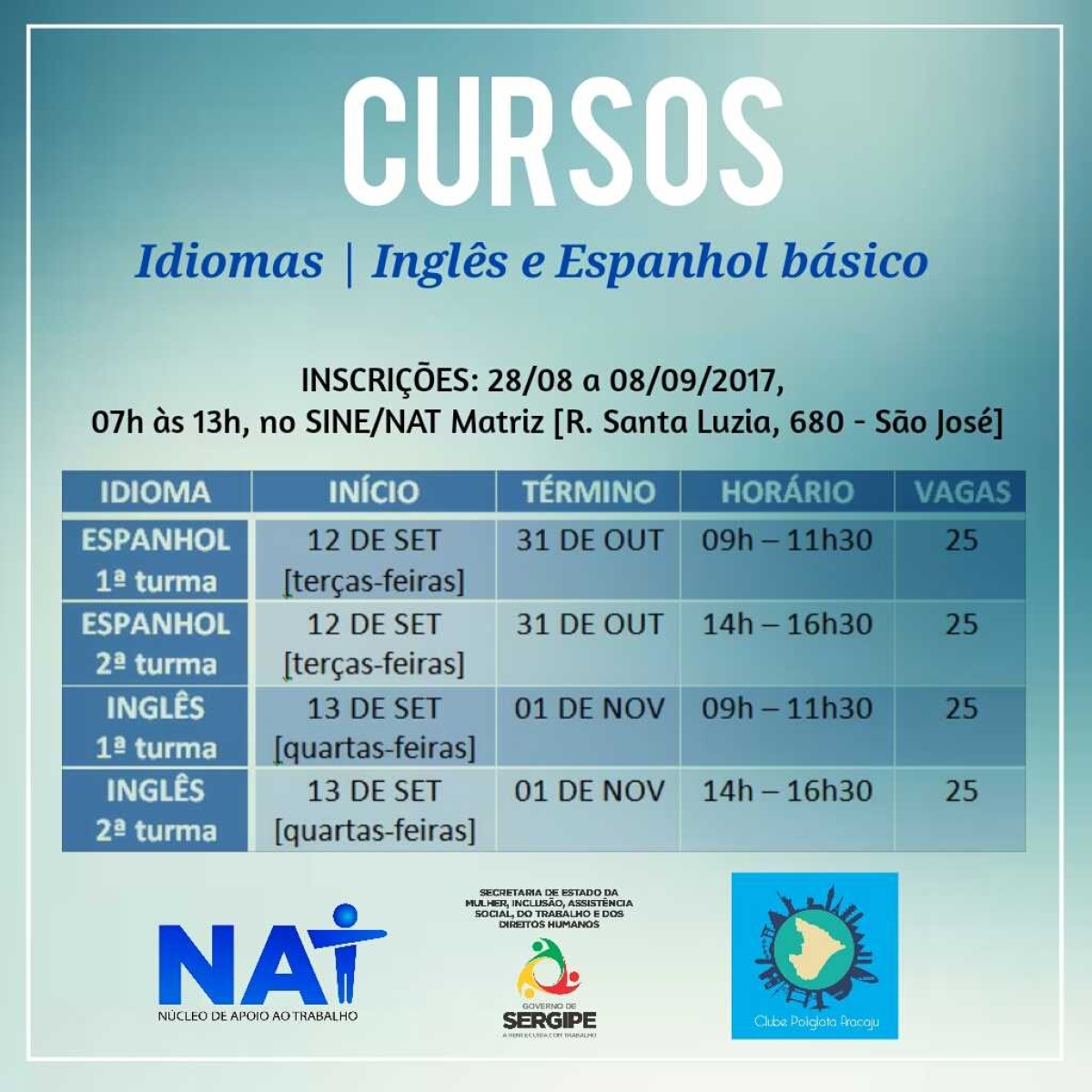 NAT e Clube Poliglota abrem inscrições para cursos de idiomas nesta segunda, 28/08 (Imagem: Divulgação) NAT e Clube Poliglota abrem inscrições para cursos de idiomas nesta segunda, 28/08 (Imagem: Divulgação)