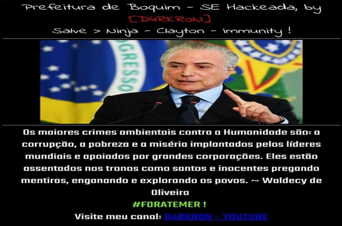 Sites hackeados tinham mensagem contra o presidente Michel Temer (Imagem: Prefeitura de Boquim)