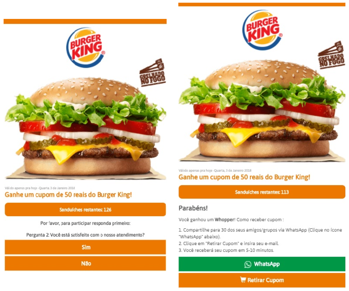 Hackers atingem mais de 350 mil usuários com suposto cupom de rede fast food (Imagem: Reprodução)