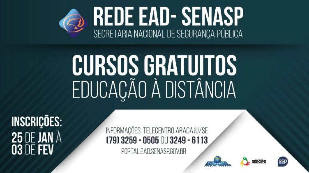 Rede EaD-SENASP oferece 57 cursos gratuitos aos profissionais de Segurança Pública e Defesa Social (Imagem: Divulgação/SSP/SE)