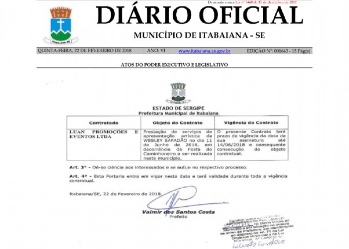 Diário Oficial do município de Itabaiana (Imagem: Reprodução)