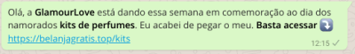 Hackers se aproveitam do Dia dos Namorados para aplicar golpe usando a marca O Boticário (Imagem: Reprodução/ WhatsApp)