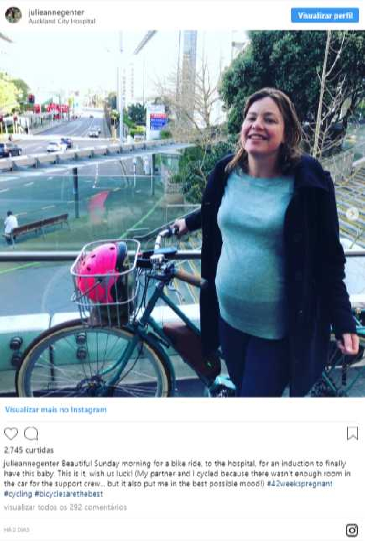 Ministra neozelandesa pedala até hospital para dar à luz (Imagem: Reprodução/ Instagram/ julieannegenter)