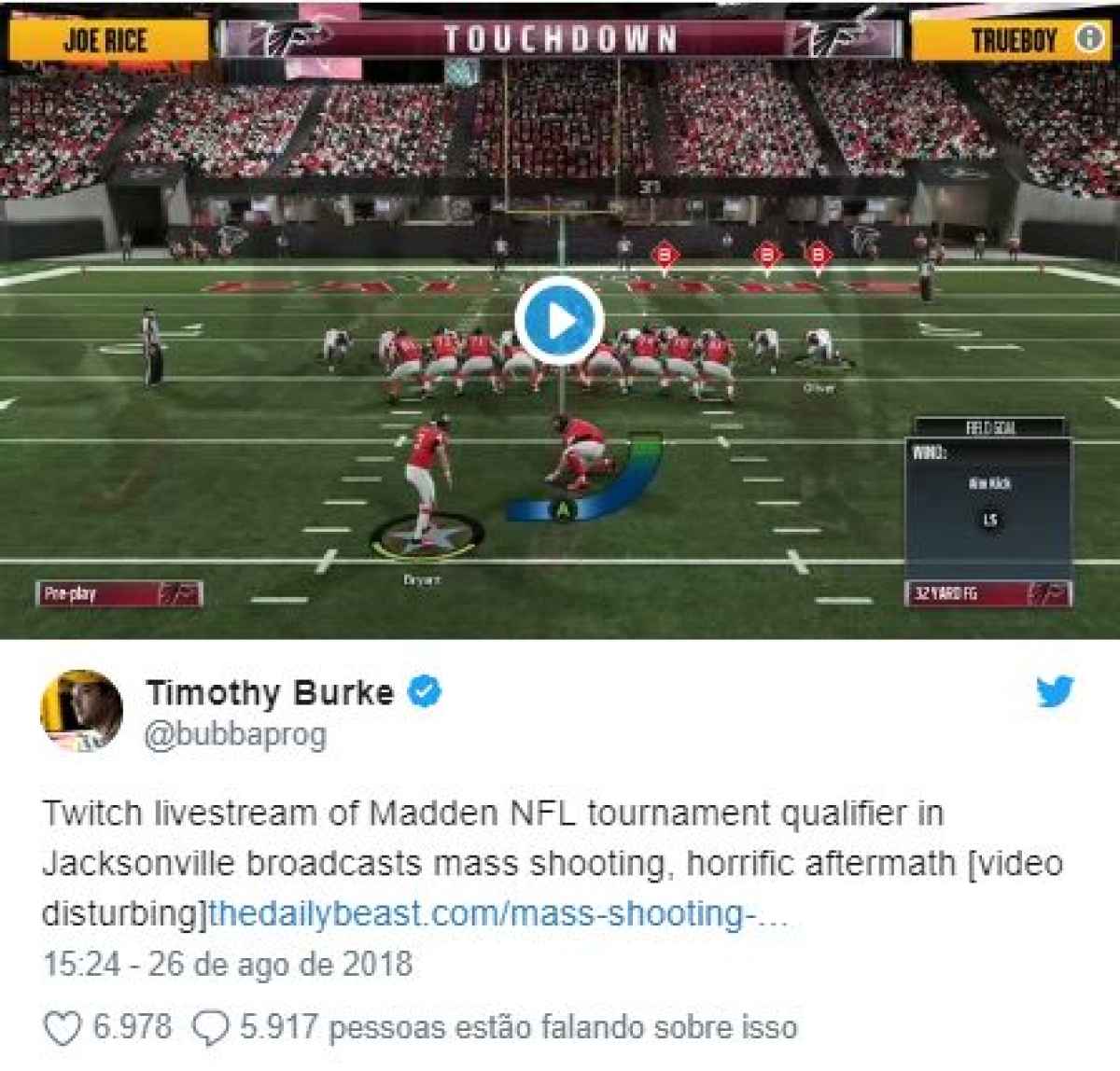 Tiroteio em torneio de "Madden": suspeito é identificado pela polícia (Imrgrm: Reprodução de vídeo/ Twitter/ Timothy Burke)