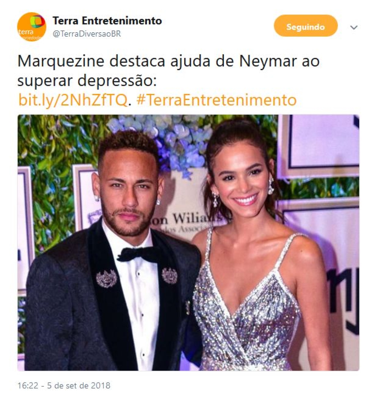 Bruna Marquezine destaca ajuda de Neymar ao superar depressão (Imagem: Reprodução/Twitter/@TerraDiversaoBR)