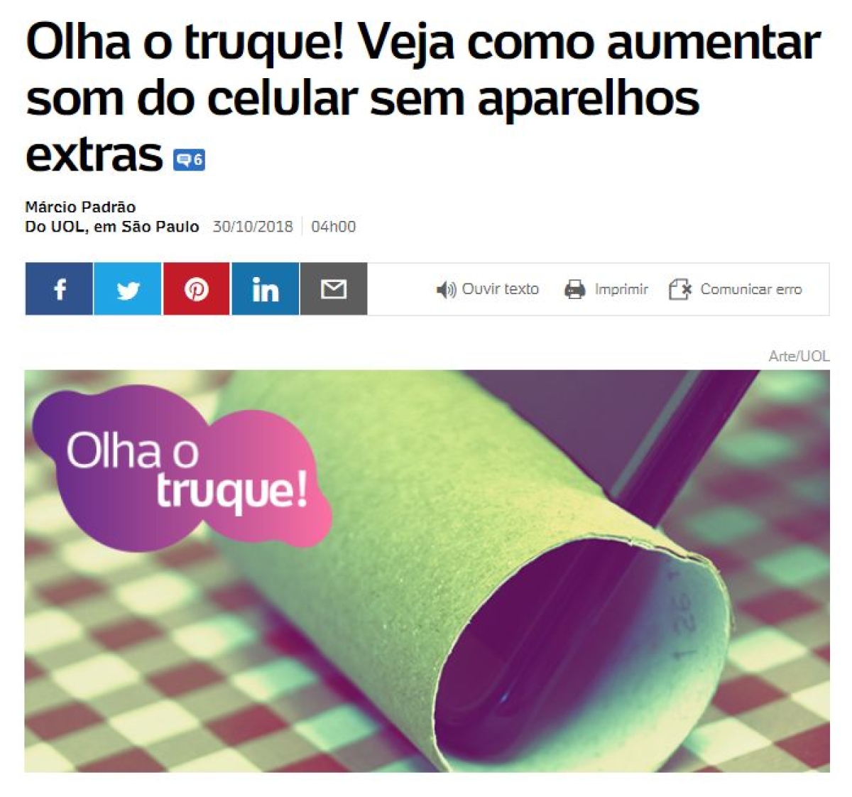 Olha o truque! Veja como aumentar som do celular sem aparelhos extras (Imagem: Reprodução/ UOL)