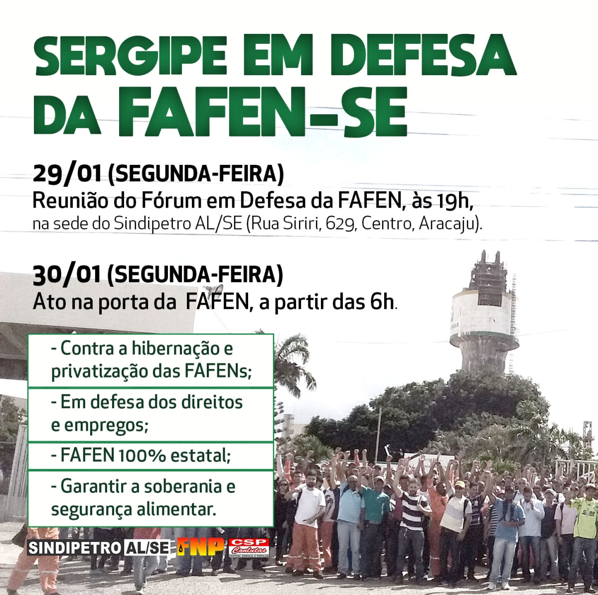Sindipetro convoca ato contra hibernação da Fafen dia 30/01 (Imagem: Divulgação)