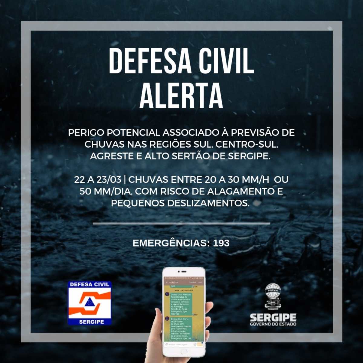 Defesa Civil de Sergipe alerta para risco de alagamento e pequenos deslizamentos (Imagem: Governo de Sergipe)