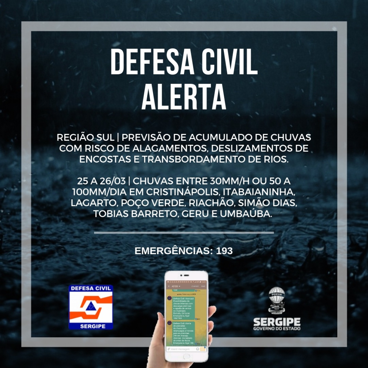 Defesa Civil de Sergipe informa perigo de deslizamentos e transbordamento de rios na região Sul (Imagem: Seit/SE)