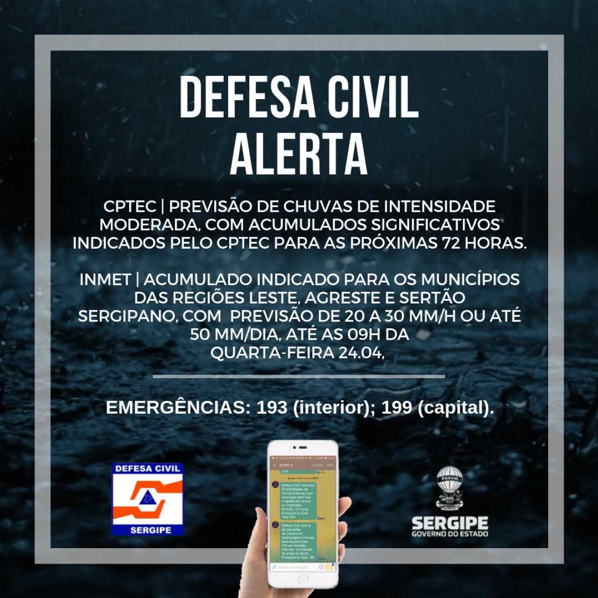 Defesa Civil Estadual alerta para acumulado de chuvas em 67 municípios (Imagem: Divulgação)