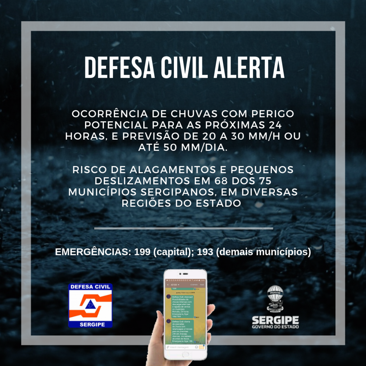 De acordo com Instituto Nacional de Meteorologia (Inmet), a previsão se aplica a 68 dos 75 municípios sergipanos, de diversas regiões do Estado (Imagem: Governo de Sergipe)