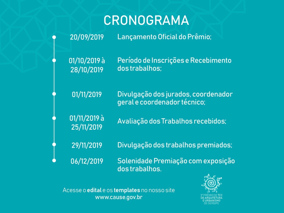 Cronograma de etapas do 3º Prêmio de TCC de Arquitetura e Urbanismo de Sergipe (Imagem: Divulgação/ CAU/SE)