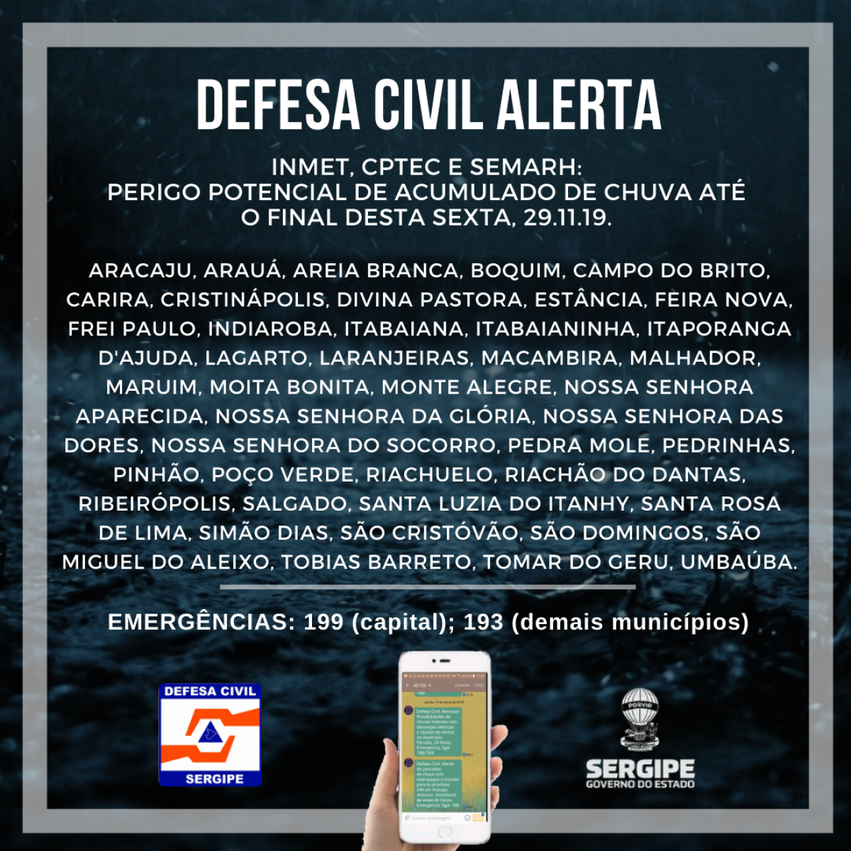 Defesa Civil Estadual indica previsão de chuvas em Sergipe até sexta, 29/11 (Imagem: Defesa Civil/ Governo de Sergipe)