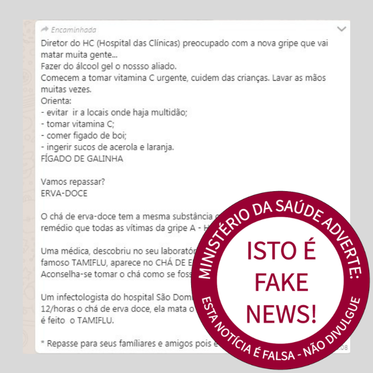 Nova gripe fatal e chá de erva doce - �? FAKE NEWS! (Imagem: Ministério da Saúde)