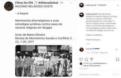 Artigo sobre movimentos afro religiosos de professor sergipano é destaque no Midia Ninja (Imagem: Reprodução/ Instagram)