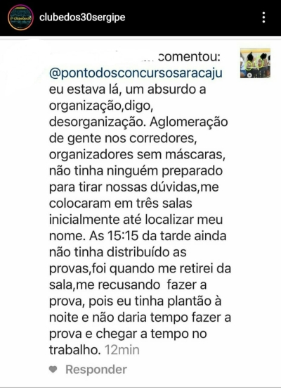 Candidatos reclamam da desorganização e atraso no início das provas do concurso da Barra dos Coqueiros (Foto: Reprodução/ Instagram/ Clube dos 30 Sergipe)