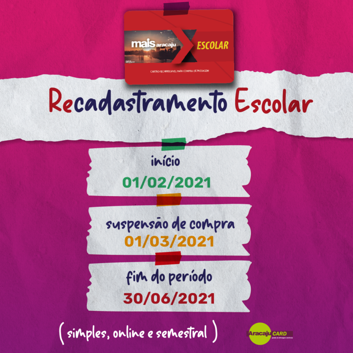 Recadastramento escolar inicia a partir de 1º de fevereiro (Imagem: Divulgação/ Aracaju Card)