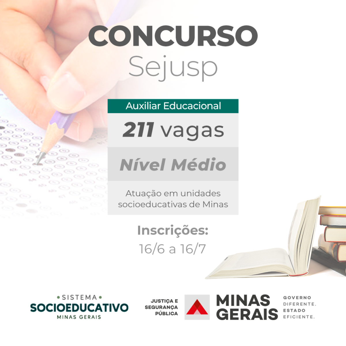 Sejusp/MG lança edital para concurso de auxiliar educacional (Imagem: Divulgação)