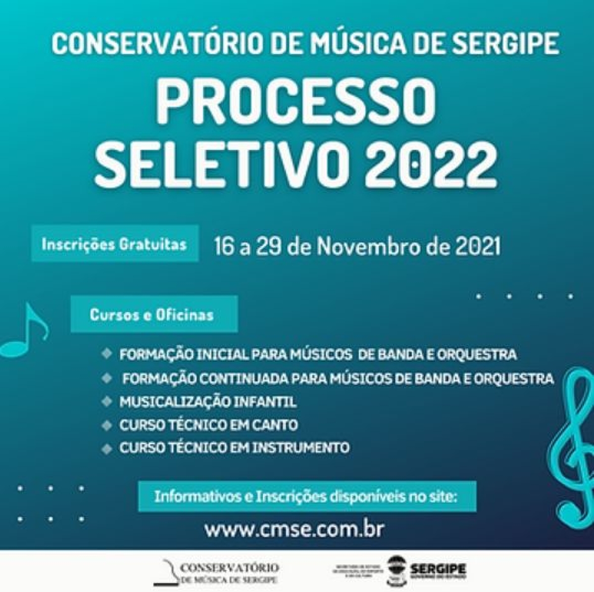 Conservatório de Música de Sergipe abre inscrições do Processo Seletivo 2022 (Imagem: CMSE)