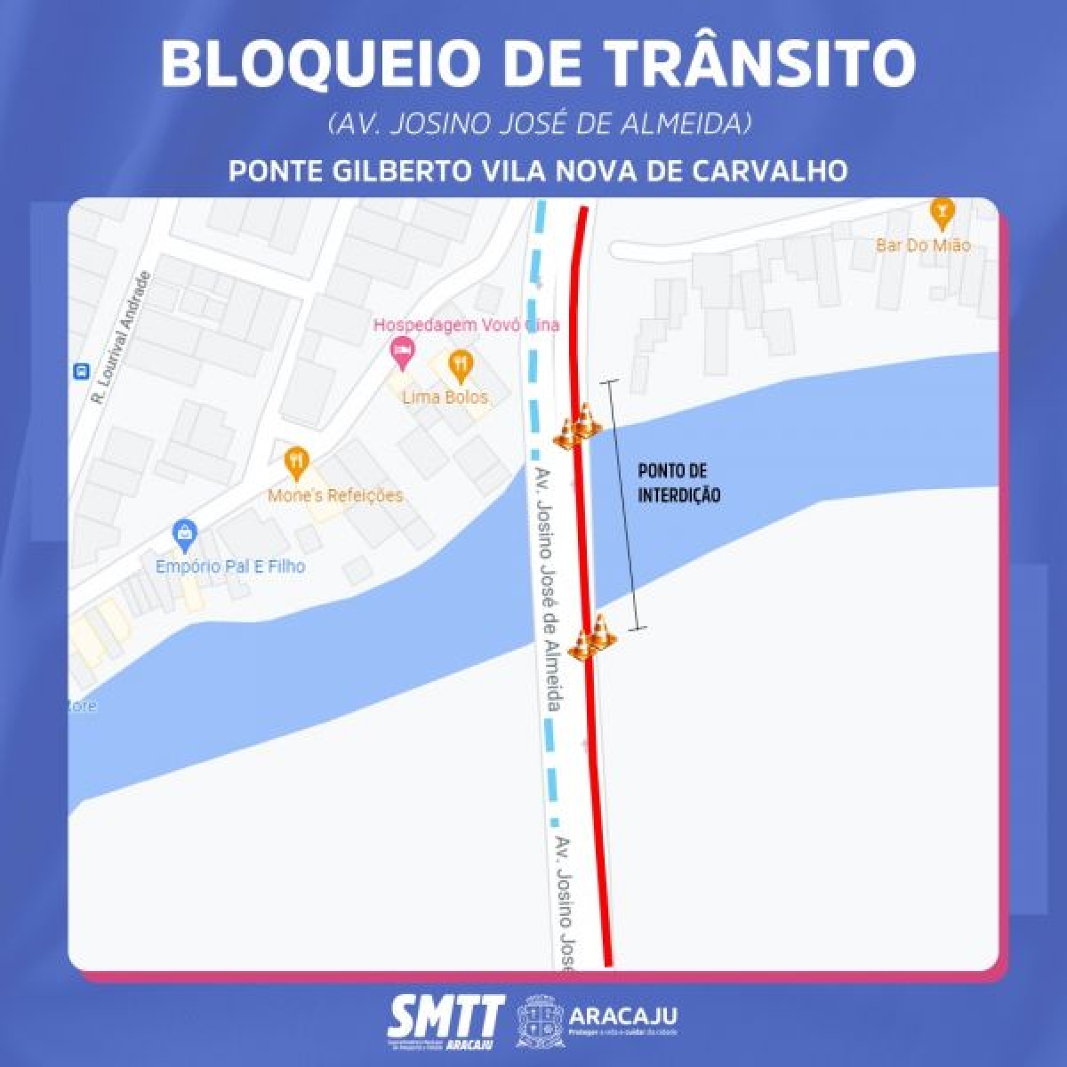 Ponte que liga o bairro Inácio Barbosa ao Conjunto Augusto Franco será interditada no próximo domingo, 16/1 (Imagem: SMTT Aracaju)