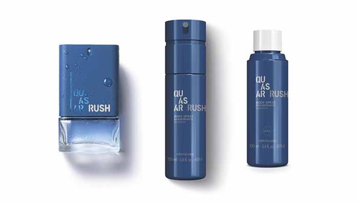 Quasar Rush, a nova fragrância masculina do Boticário, é fresca e energizante, dando impulso para enfrentar o dia a dia (Imagem: Assessoria O Boticário)