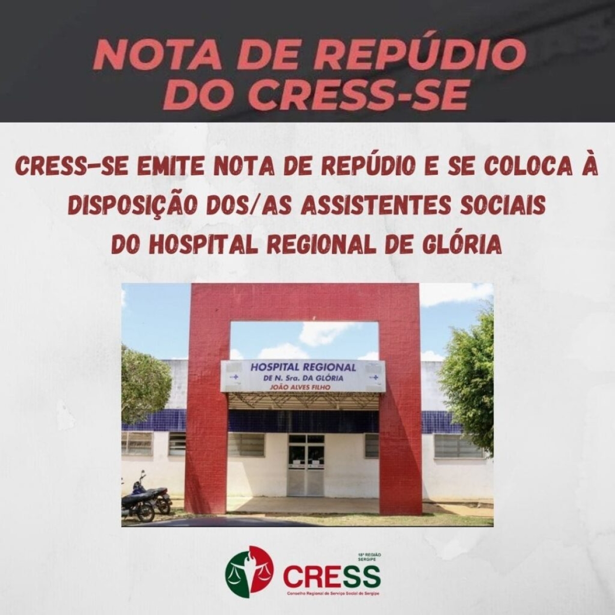 Nota de Repúdio - CRESS-SE se coloca à disposição de profissionais de Serviço Social de Glória (Imagem: Cress/SE)