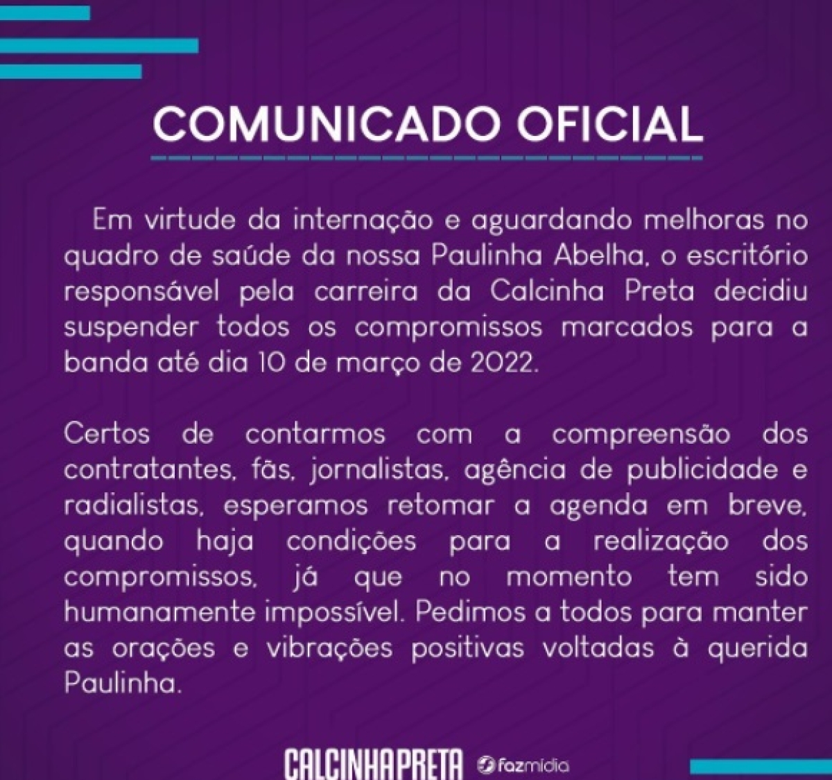 Calcinha Preta suspende shows após internação de Paulinha Abelha (Imagem: Reprodução/ Instagram/ Banda Calcinha Preta)