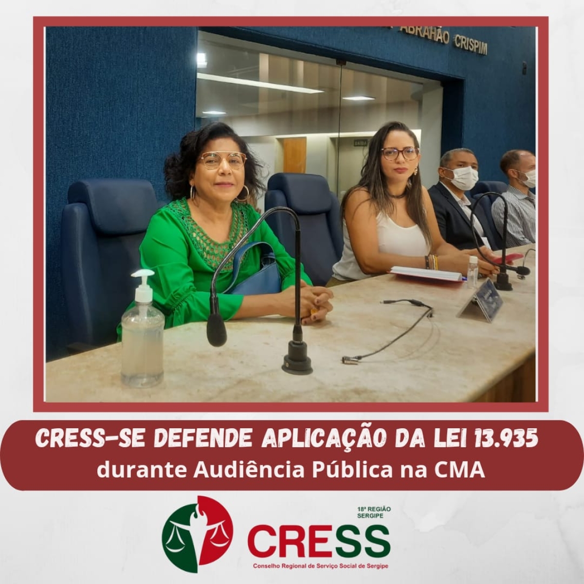 Cress/SE defende na Câmara de Vereadores a aplicação da Lei 13.935 durante Audiência Pública (Imagem: Cress/SE)