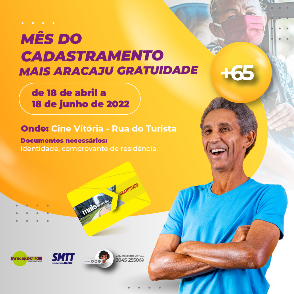 Aracajucard fará ação de cadastramento para o idoso durante dois meses no Cine Vitória (Imagem: Divulgação/ Aracajucard)