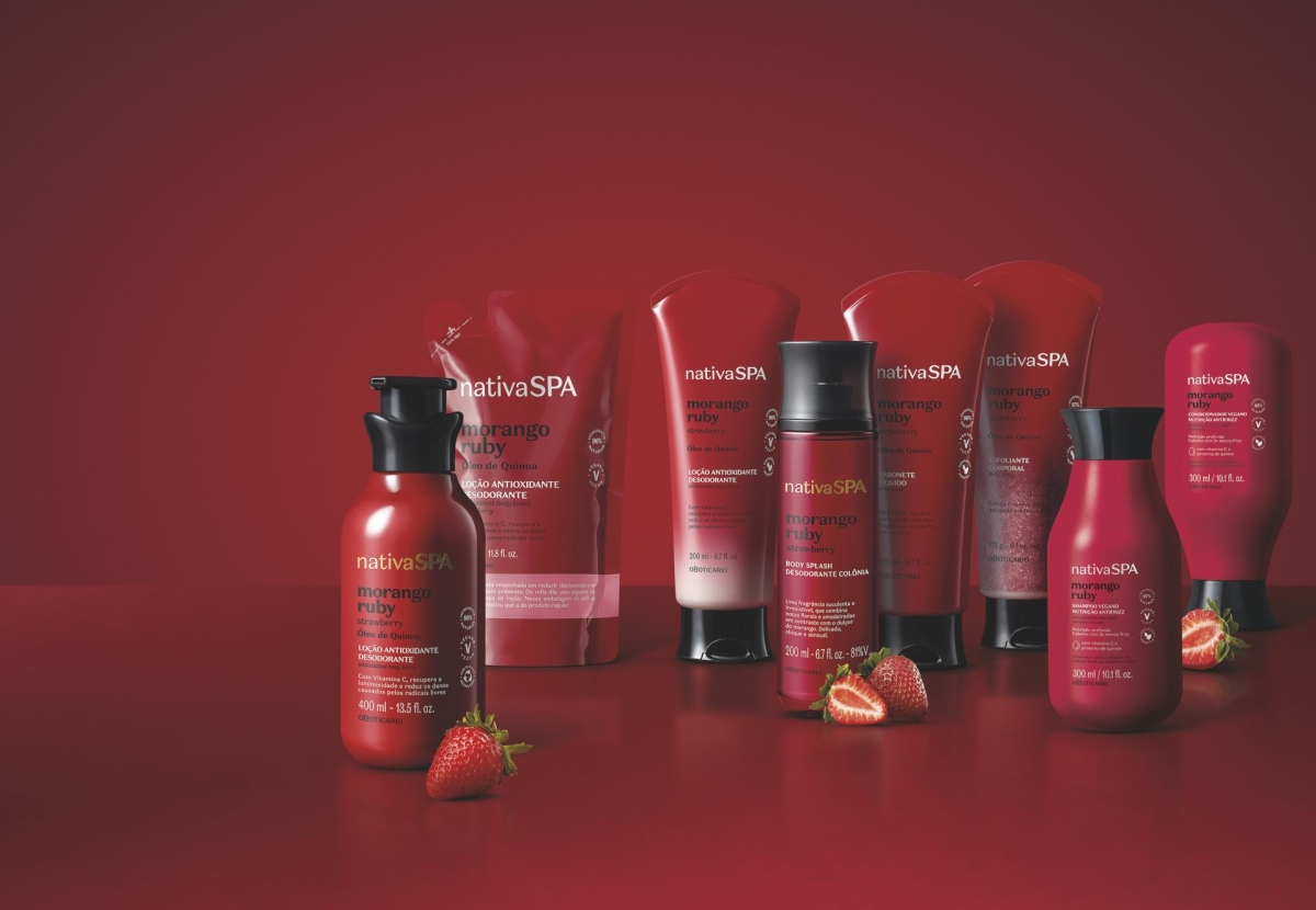Nativa SPA Morango Ruby: nova linha de cuidados do Boticário traz a sofisticação do morango e vitamina C - Imagem: Divulgação | O Boticário