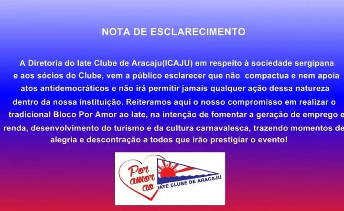 Instituição se manifestou através de nota - Imagem: Rede Social do Iate Clube de Aracaju