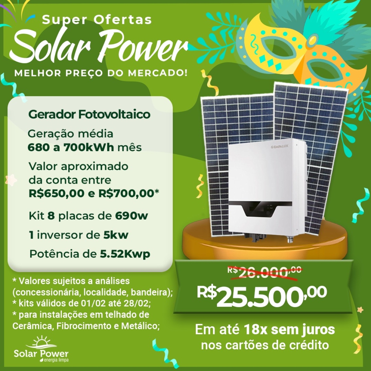 Solar Power - Energia Limpa: fevereiro de Super Ofertas, oportunidade única para quem quer economizar energia em 2023 - Imagem: divulgação/SolarPower