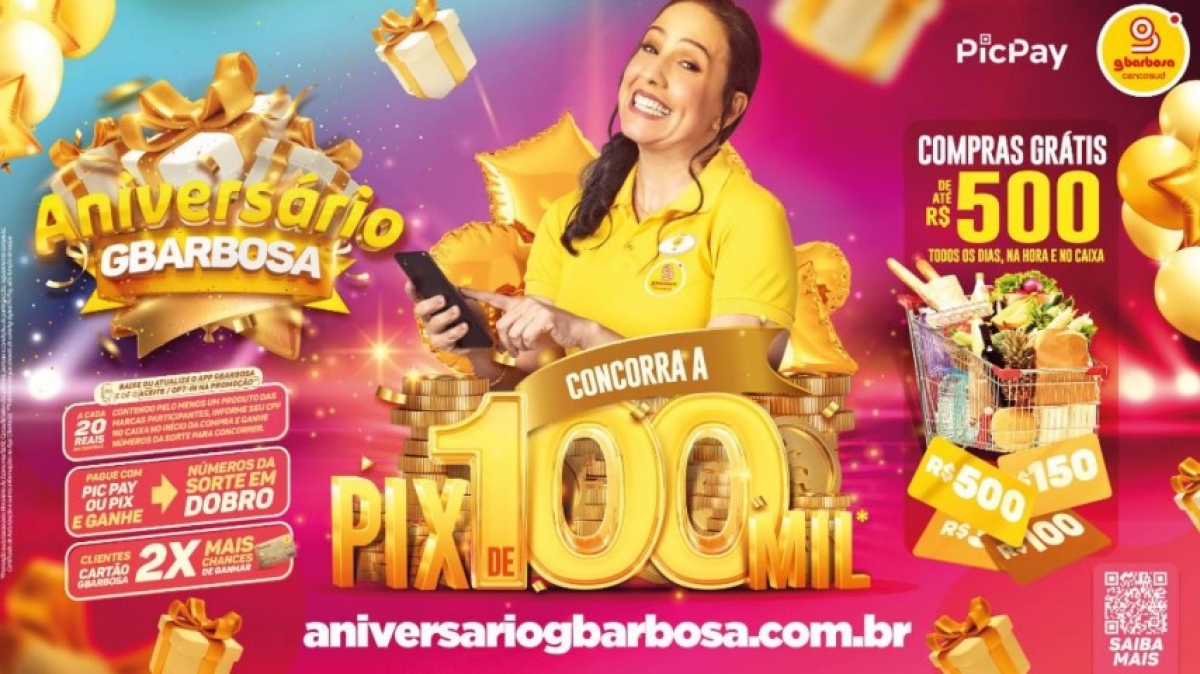 Aniversário GBarbosa: concorra a PIX de 100 mil reais e compras grátis no caixa - Imagem: Divulgação | GBarbosa